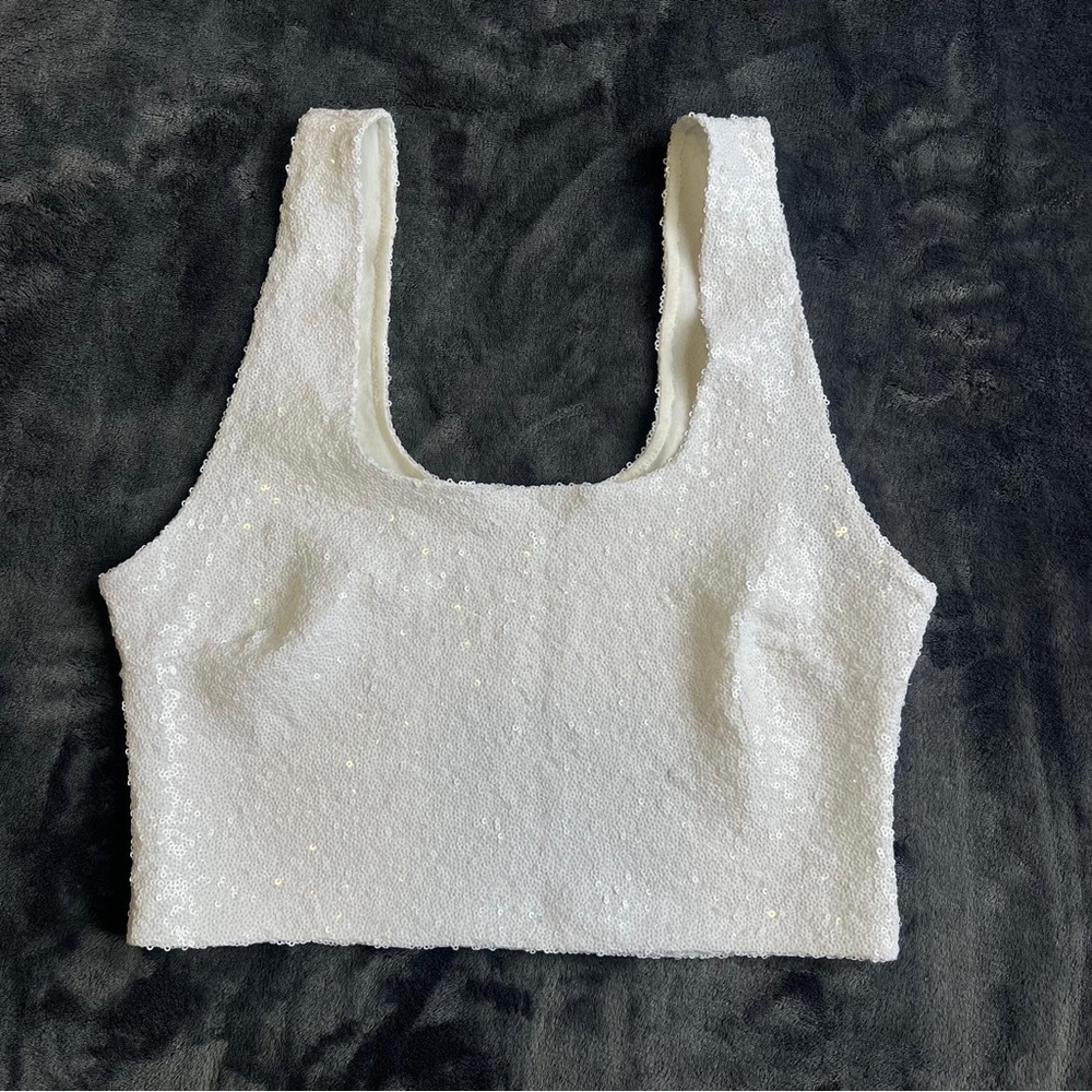 Commando Sequin Women's Crop Top - White Square Neck Size Large.